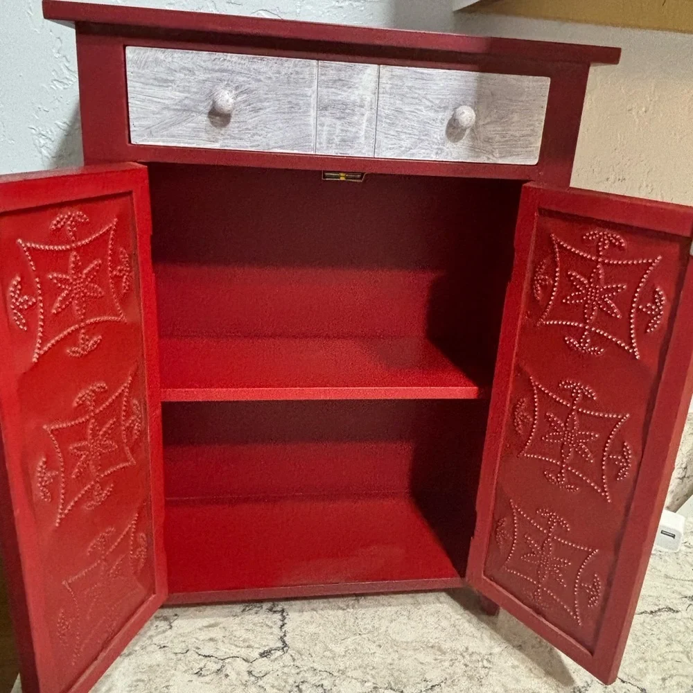 Red Small Counter Top Pie Safe Cabinet Distressed White Drawer Tin-Style Panels
